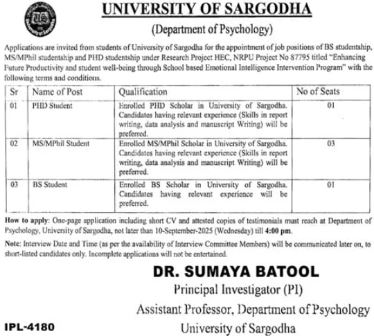 university of sargodha psychology department jobs 2025 advertisement